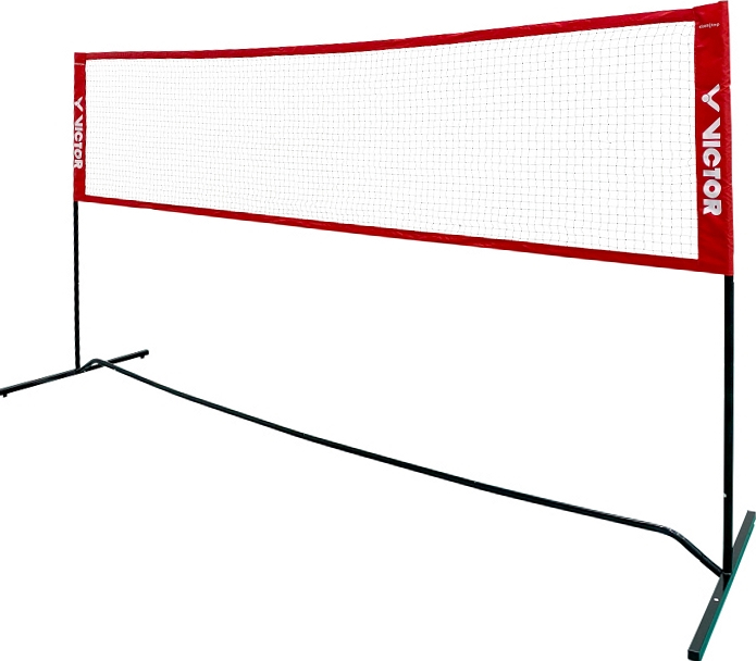 Rotes und weißes Badmintonnetz von Victor mit stabilem Metallrahmen, ideal für Indoor- und Outdoor-Spiele.