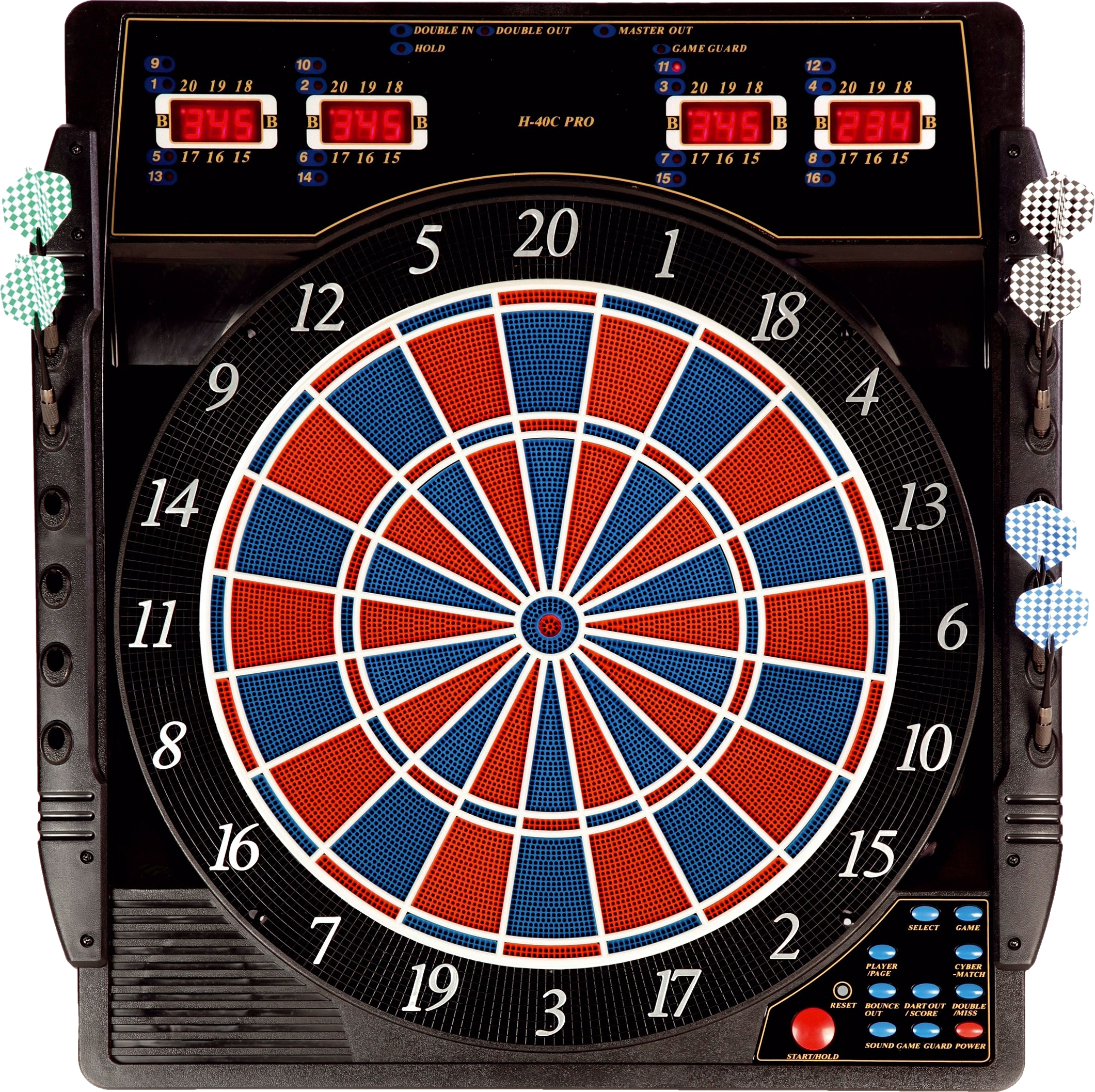 Elektronische Dartscheibe mit digitalen Anzeigen und Dartpfeilen an der Seite, geeignet für Präzisionsspiele zu Hause.