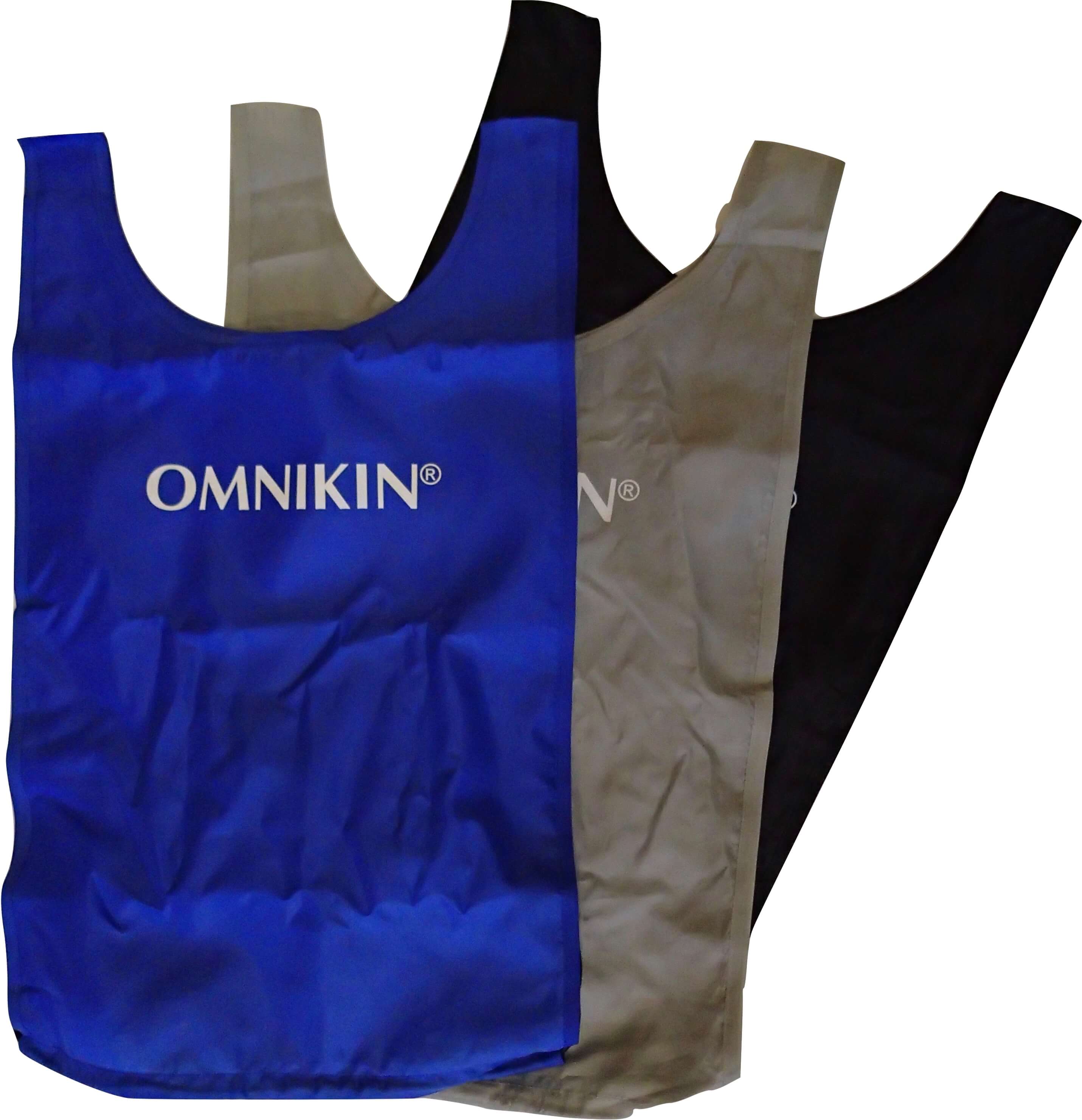 Dreierpack Sportleibchen in Blau, Grau und Schwarz mit dem Schriftzug OMNIKIN