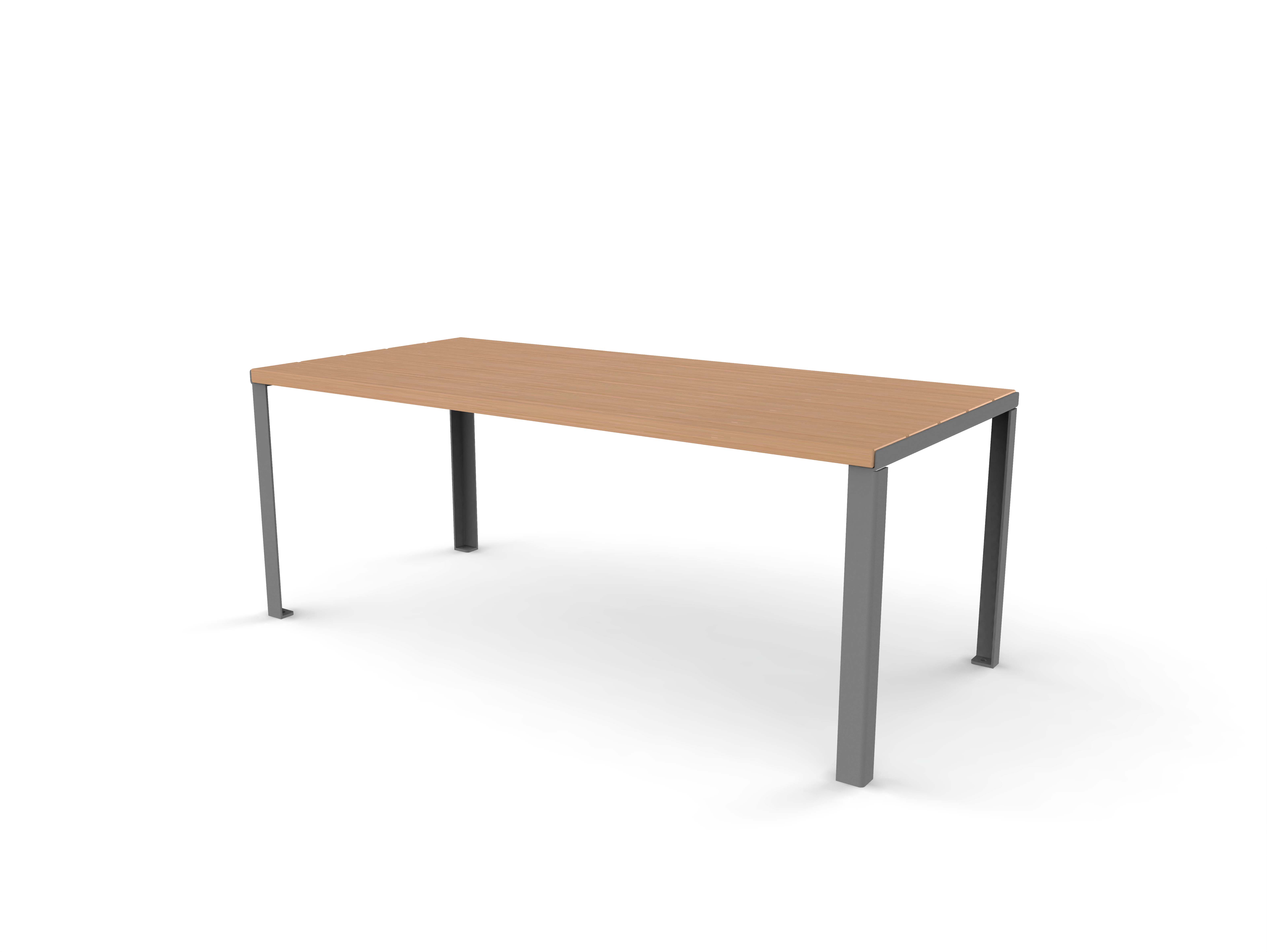 Ein schlichter, moderner Schreibtisch aus Holz mit stabilen Metallbeinen, ideal für Büro oder Homeoffice.