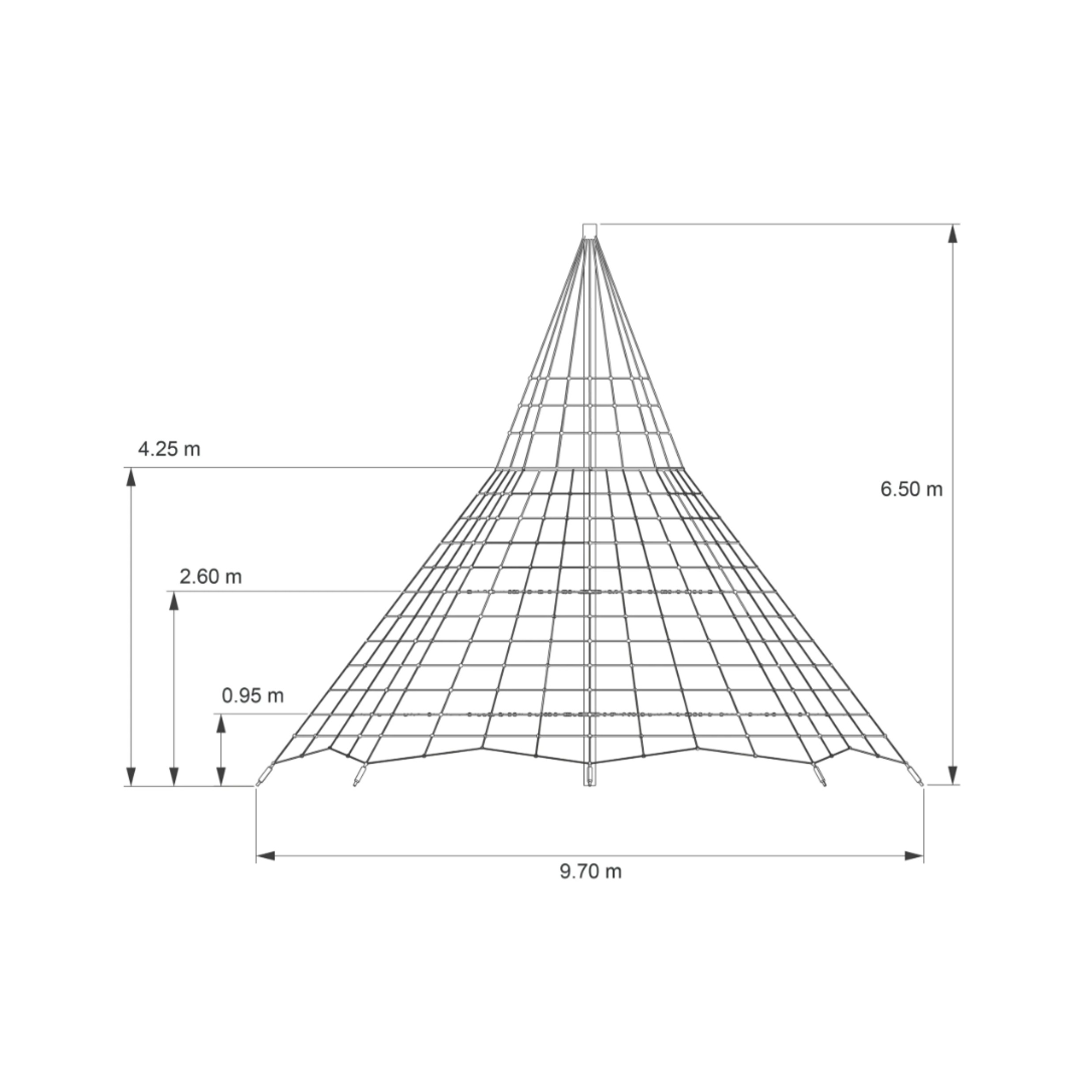 Dessin technique d'une pyramide de cônes à grimper avec filet, largeur 9,70 m et hauteur 6,50 m, avec niveaux marqués à 0,95 m, 2,60 m et 4,25 m
