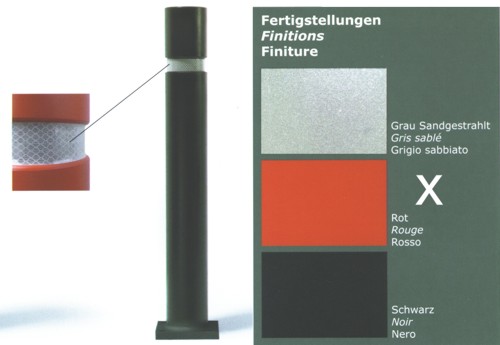 Illustration eines Pollers mit Nahaufnahme der Konstruktion und Farboptionen in Schwarz, Rot und Grau Sandgestrahlt