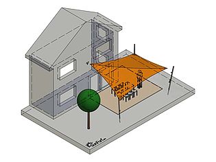 Représentation 3D d'une maison avec une voile d'ombrage orange au-dessus d'une terrasse.