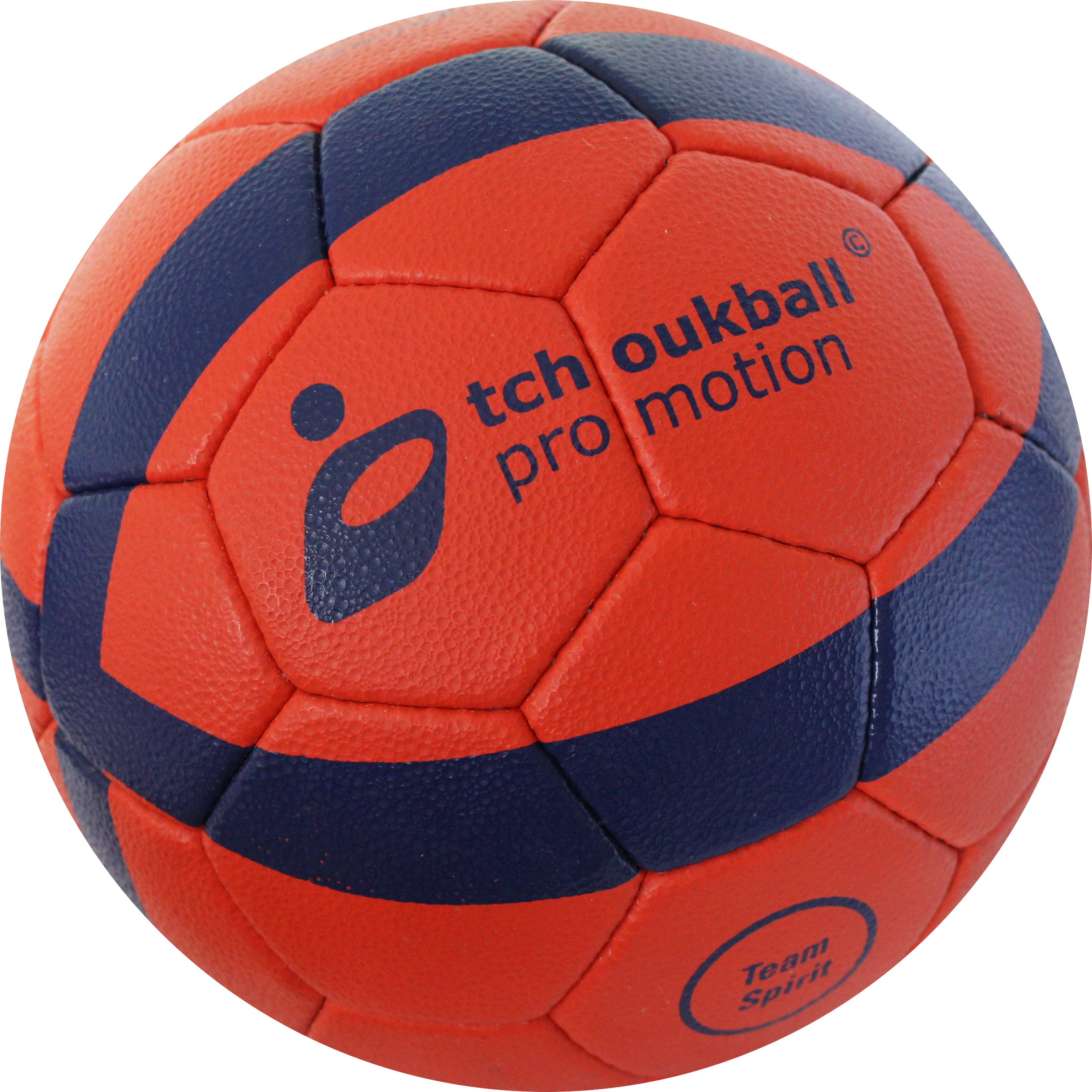 Ein roter und blauer Tchoukball Promotion Ball mit Team Spirit Logo.