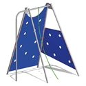 Mur d'escalade bleu et blanc avec cadre métallique pour l'extérieur, idéal pour les enfants