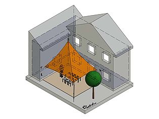 Représentation 3D d'une maison avec une voile d'ombrage orange qui ombrage un espace extérieur, à côté d'un arbre et d'une terrasse avec des sièges