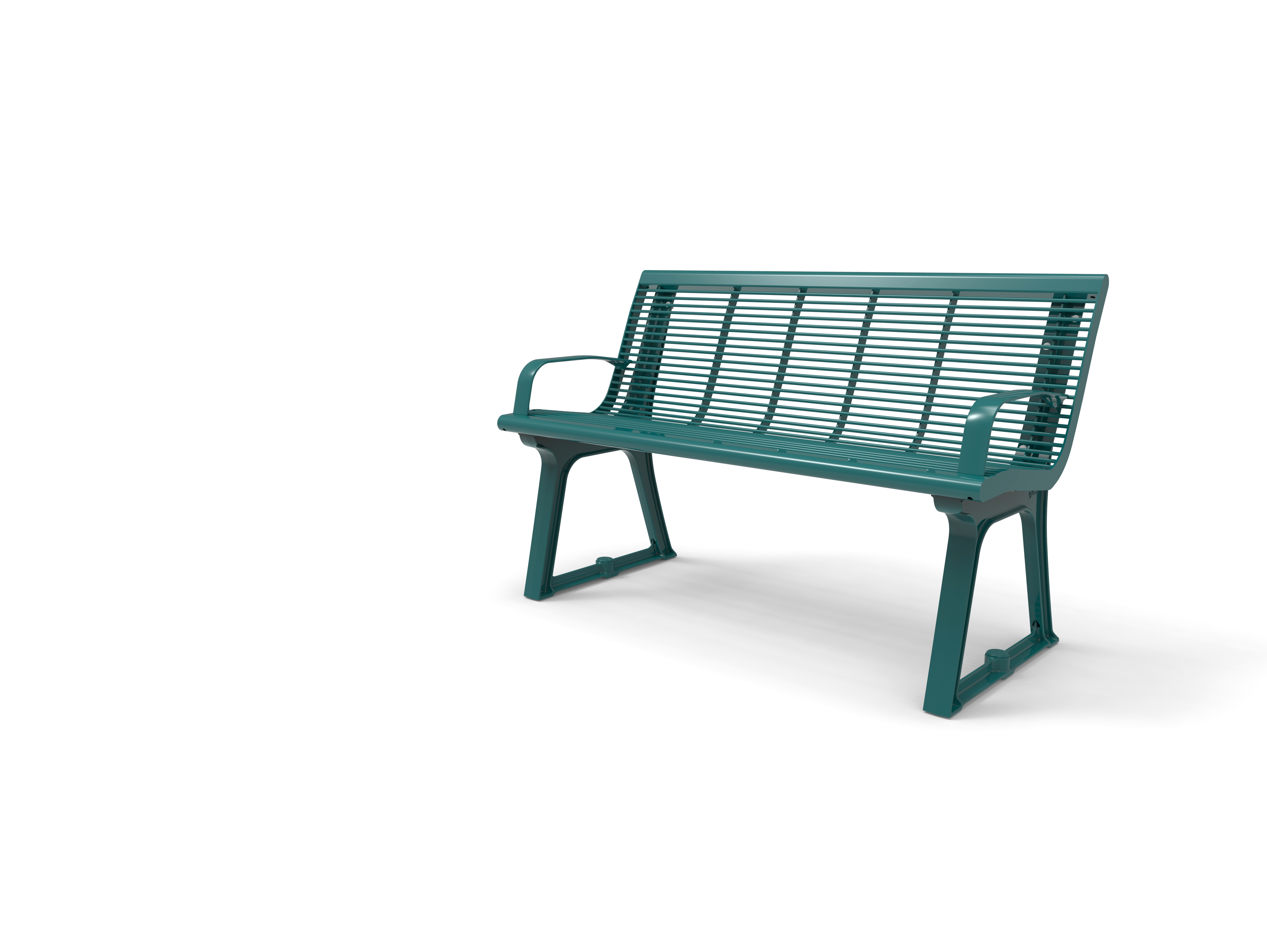 Grüne Metall-Gartenbank mit minimalistischen Design und Armlehnen, ideal für den Außenbereich