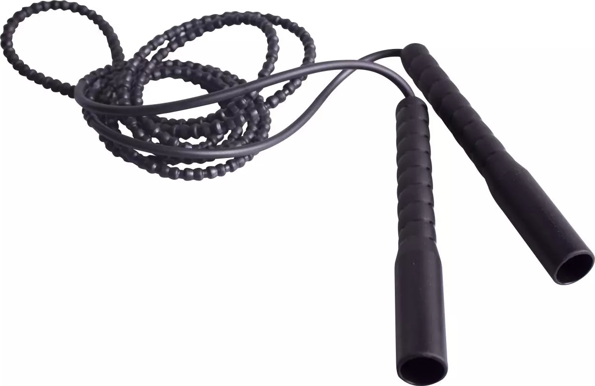 Schwarzes Springseil mit rutschfesten Griffen, ideal für Fitness und Ausdauertraining.
