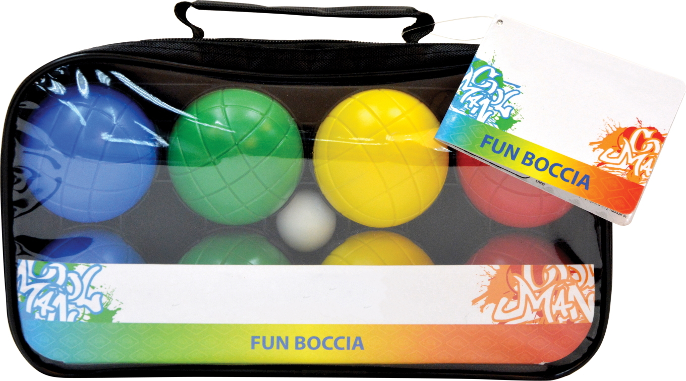 Boccia-Spielset mit vier bunten Kugeln in einer durchsichtigen Tragetasche, beschriftet mit 'Fun Boccia'. Enthält blaue, grüne, gelbe, rote Kugeln und einen kleinen weißen Ball.