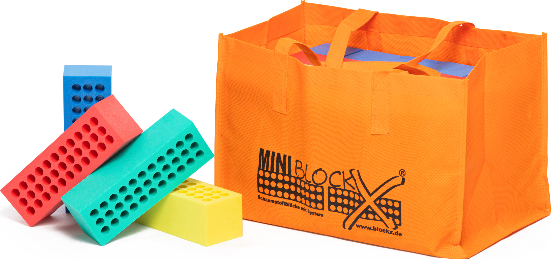 Bunte Schaumstoffbausteine von MINI BlockX mit Tragebeutel aus Stoff