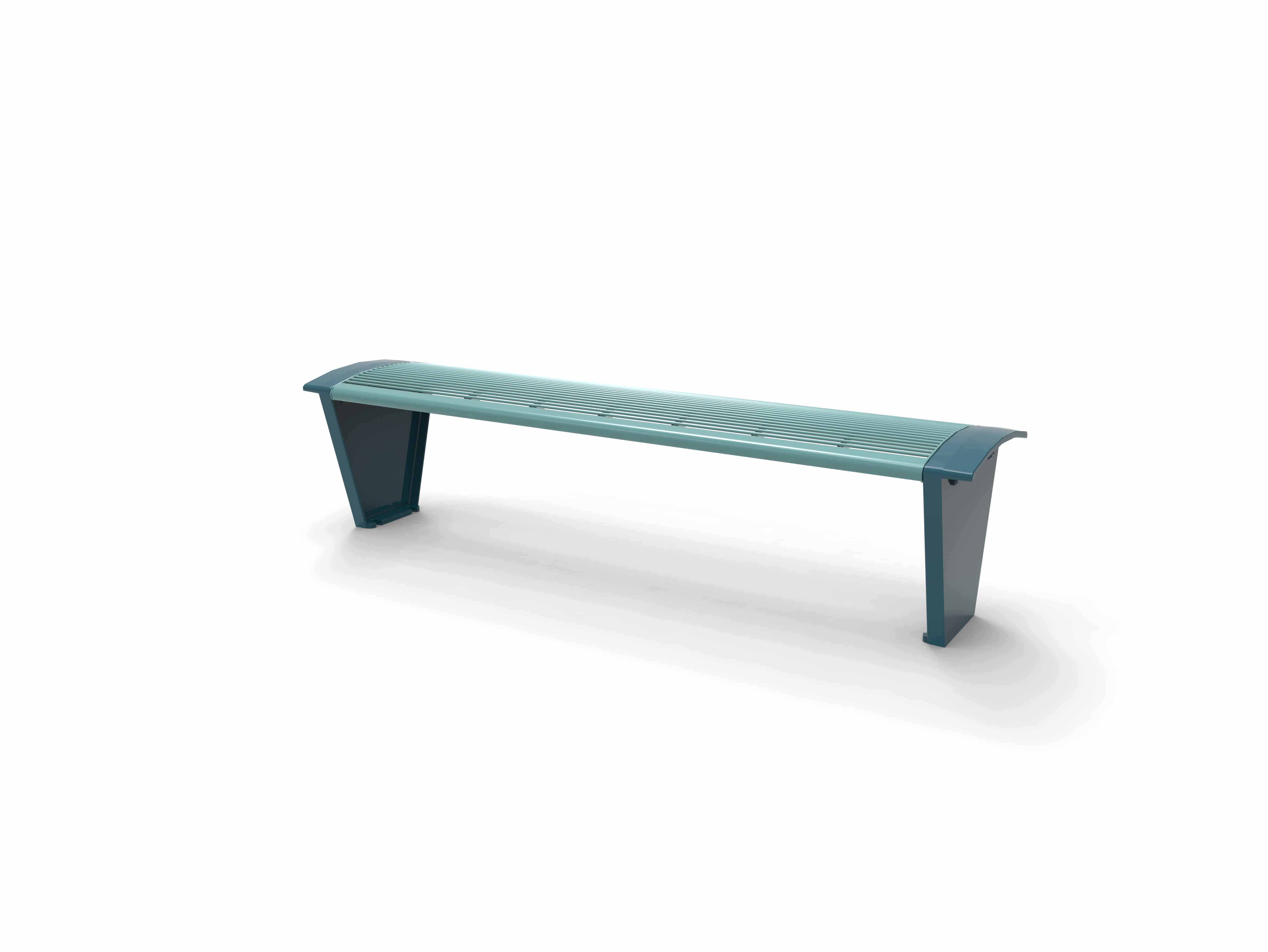 Un banc de parc élégant en métal bleu-vert au design minimaliste sur fond blanc.