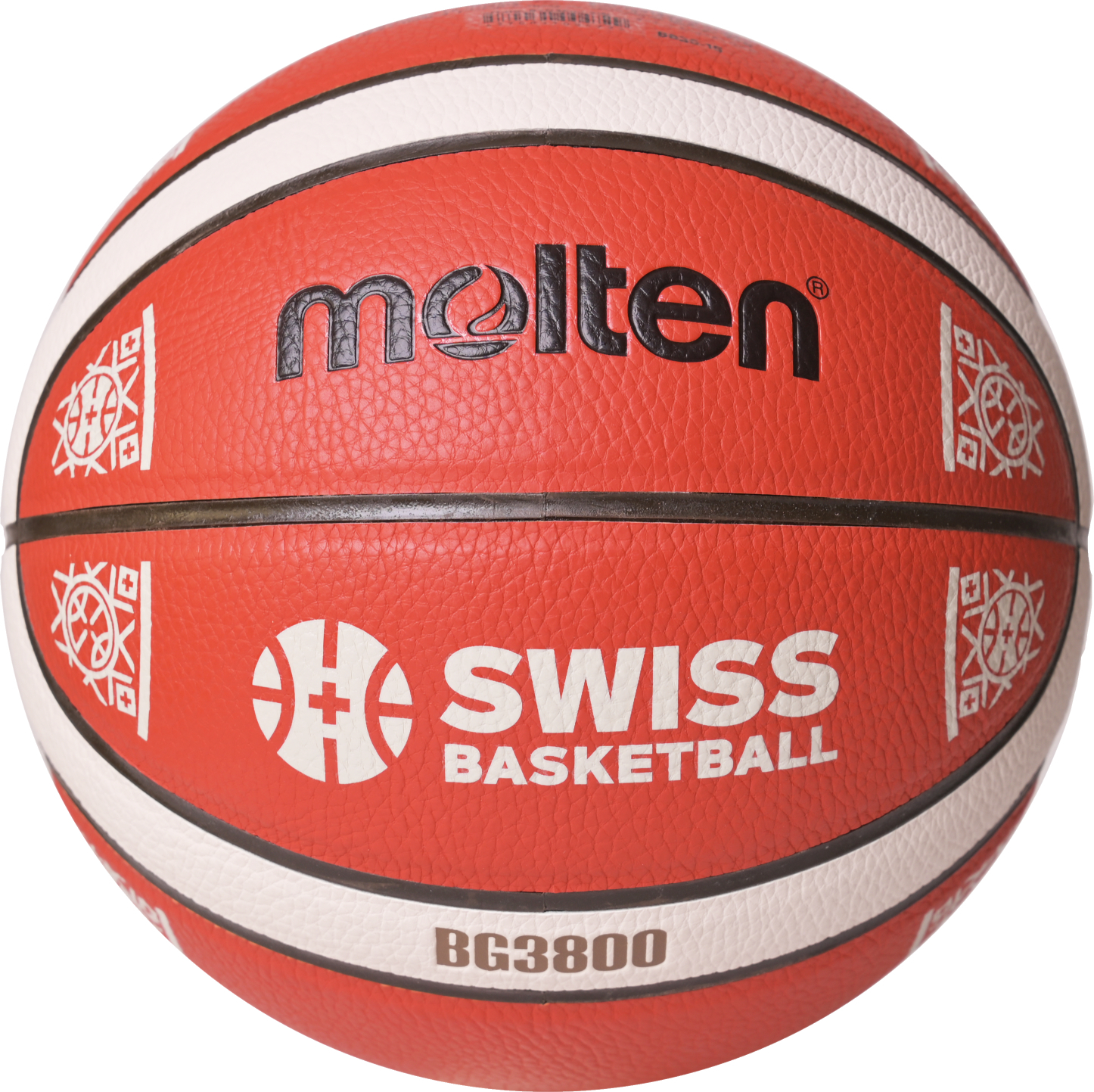 Molten Basketball BG3800 mit Swiss Basketball Logo auf rotem Hintergrund mit weißen und braunen Akzenten