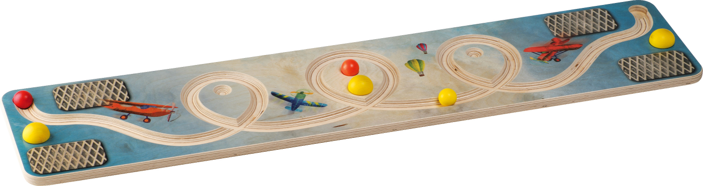 Jouet en bois long avec des trajectoires courbes, des boules colorées et des motifs d'avions sur fond bleu