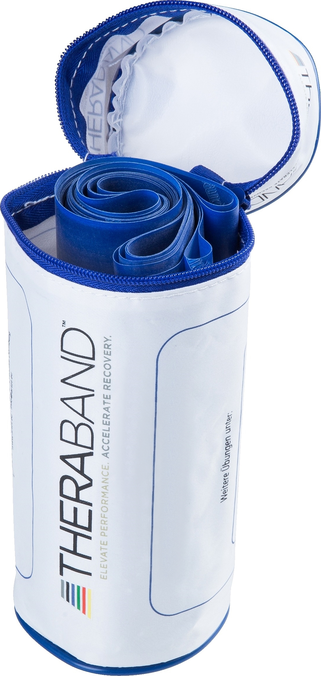 Ein blaues Theraband Übungsband, aufgerollt in einer weißen Tasche mit Reißverschluss.
