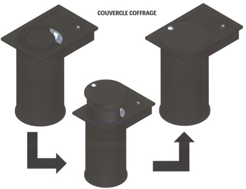 Diagramm eines Einbaugehäuses mit drehbarem Deckel in drei Positionen