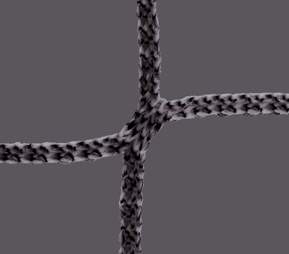 Détail d'un nœud dans un filet de corde gris, offrant stabilité et durabilité