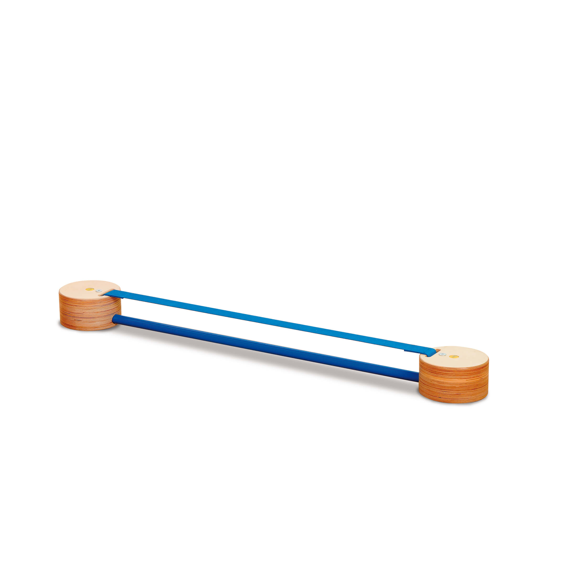 Holzspielzeug mit zwei blauen Stäben und runden Enden