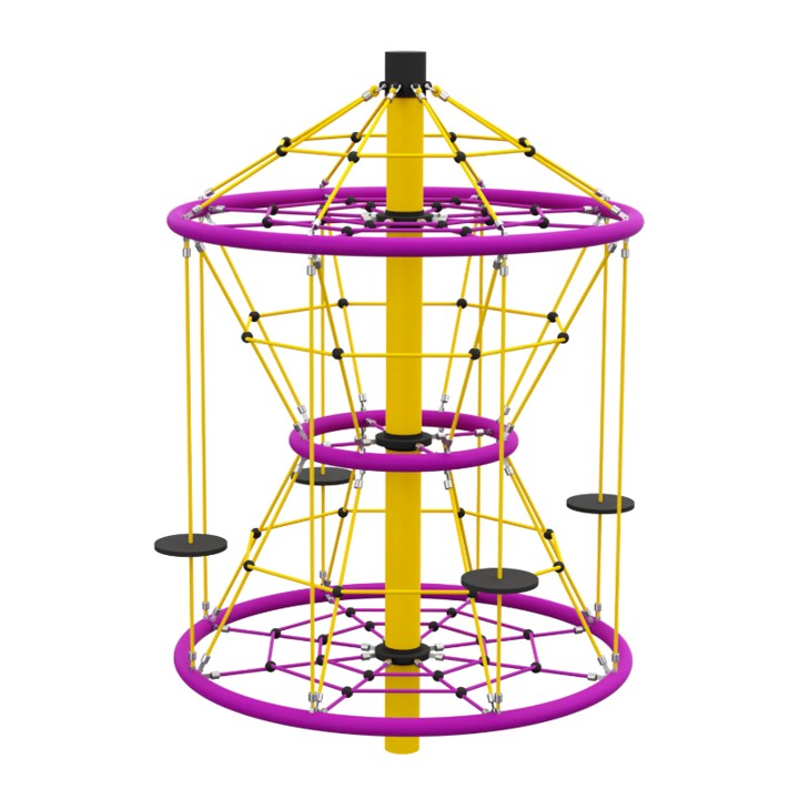 Rundes Kletterkarussell mit zentraler Säule, gelben Kletternetzen und violetten Ringen für den Spielplatz