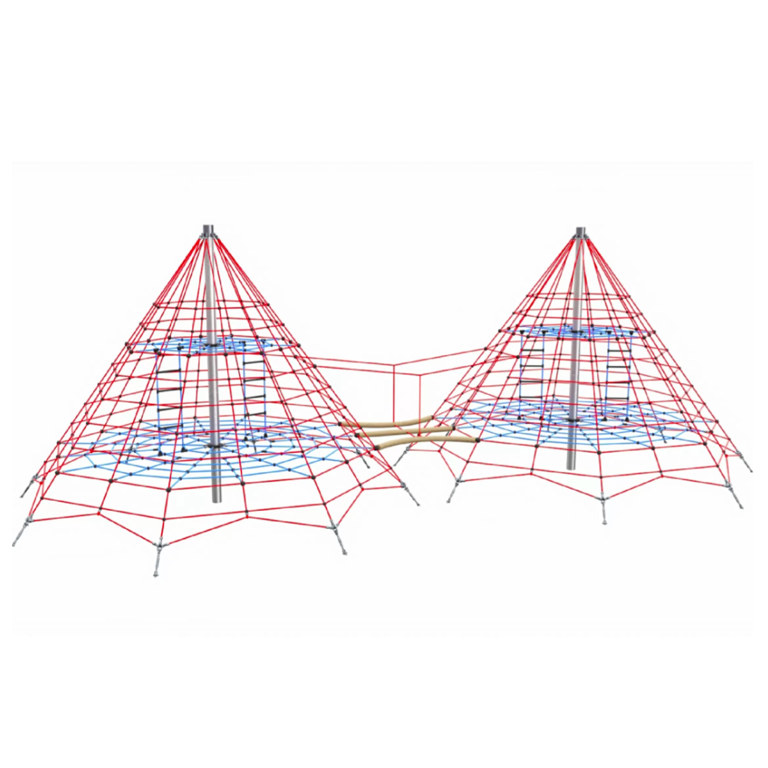 Kletterpyramide Typ 450-95 DUO mit Netzboden von Ullman, doppelte Herkules-Seilpyramide mit Verbindungsbrücke für öffentlichen Spielplatz
