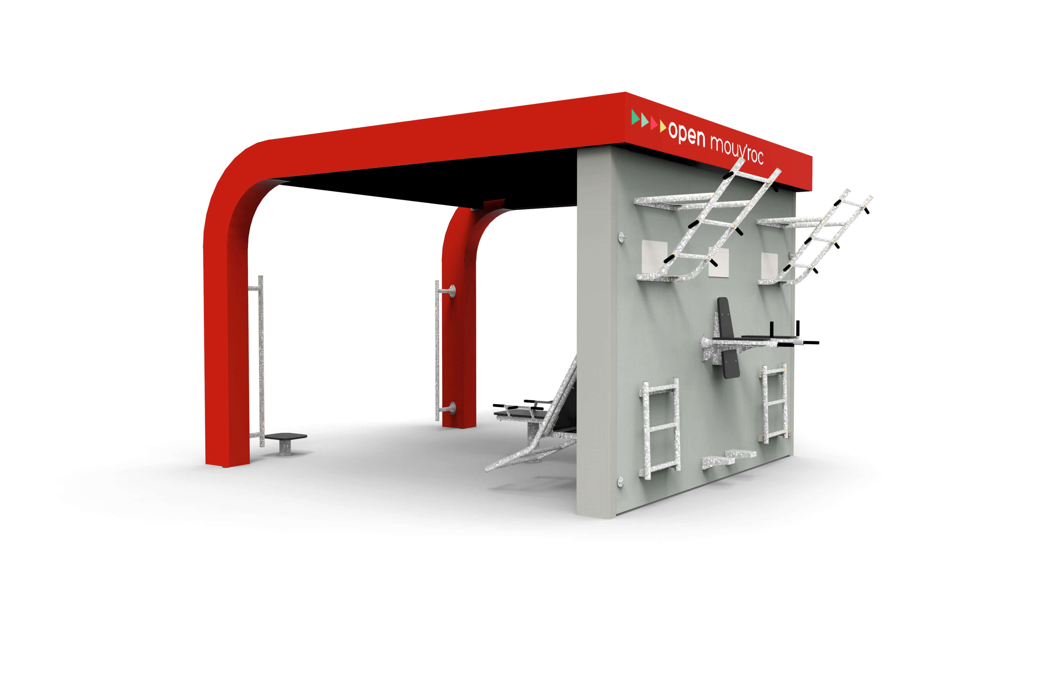 Une station de fitness extérieure moderne avec des accents rouges et différents appareils d'entraînement comme des échelles et un banc de musculation.