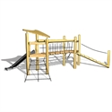 Installation de jeux en bois avec toboggan, portique d'escalade et pont de cordes pour aires de jeux