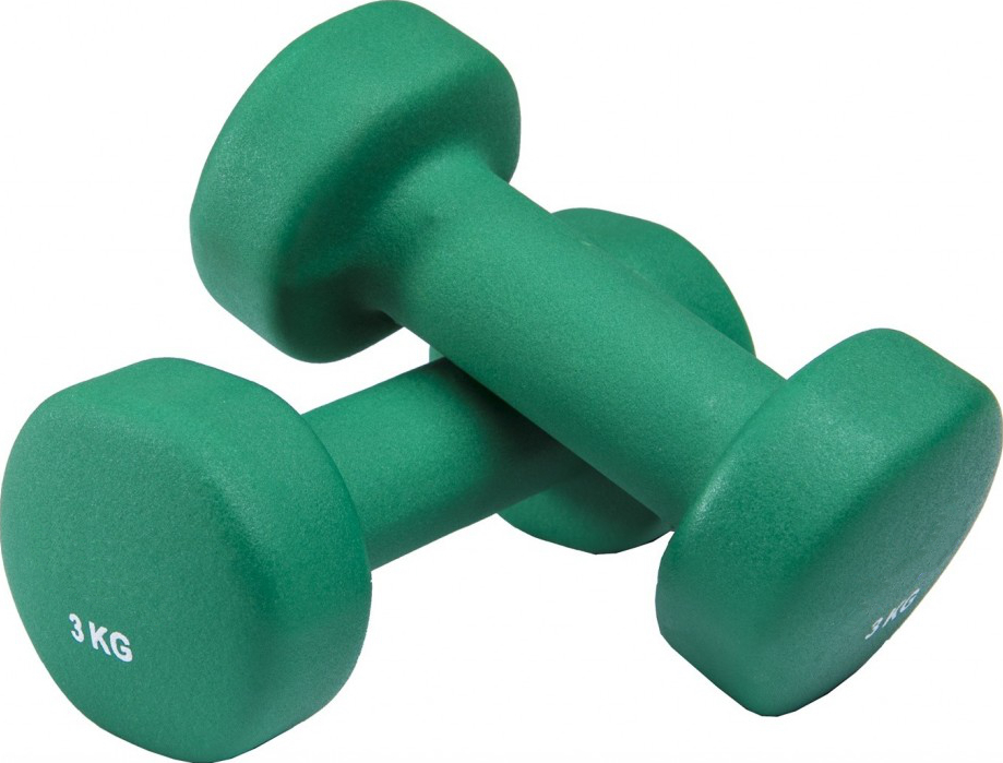 Une paire d'haltères verts de 3 KG en néoprène, idéaux pour l'entraînement à domicile et les exercices de fitness
