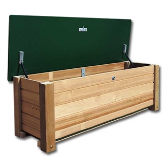 Offene Holz-Gartentruhe mit grünem Deckel, ideal für die Aufbewahrung im Außenbereich