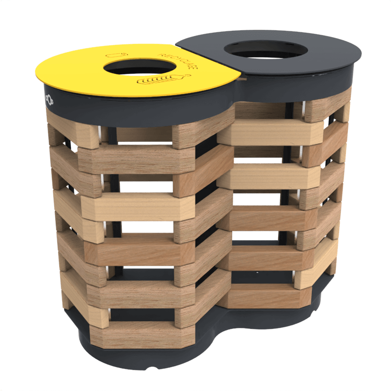 Holz-Abfalleimer mit gelbem Deckel für Recycling und schwarzem Deckel für Restmüll