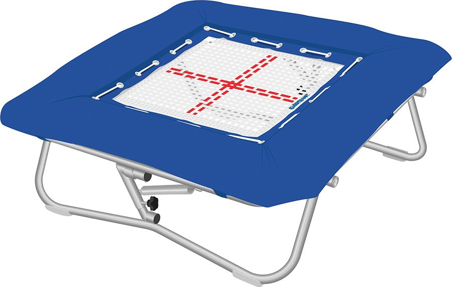 Ein quadratisches Trampolin mit blauem Rand und robustem Metallgestell, ideal für Fitness und Spaß