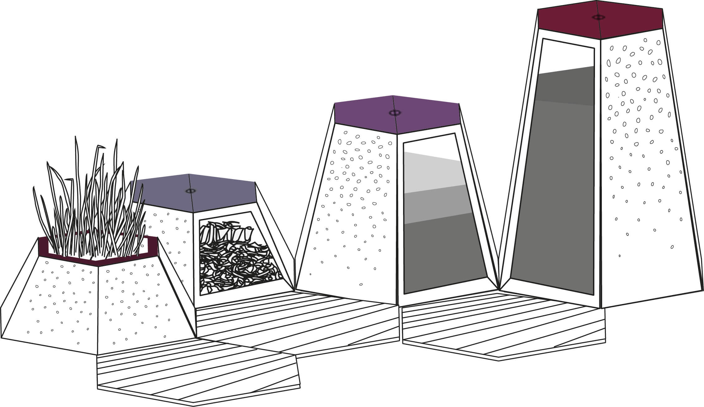 Illustration eines dekorativen Pflanzgefäß-Sets aus Beton für Innen- und Außenbereiche, bestehend aus mehreren geometrischen modularen Elementen.
