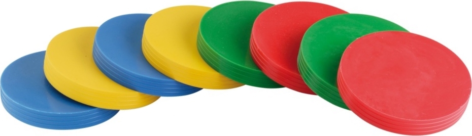 Huit disques de marquage empilables dans les couleurs bleu, jaune, rouge et vert