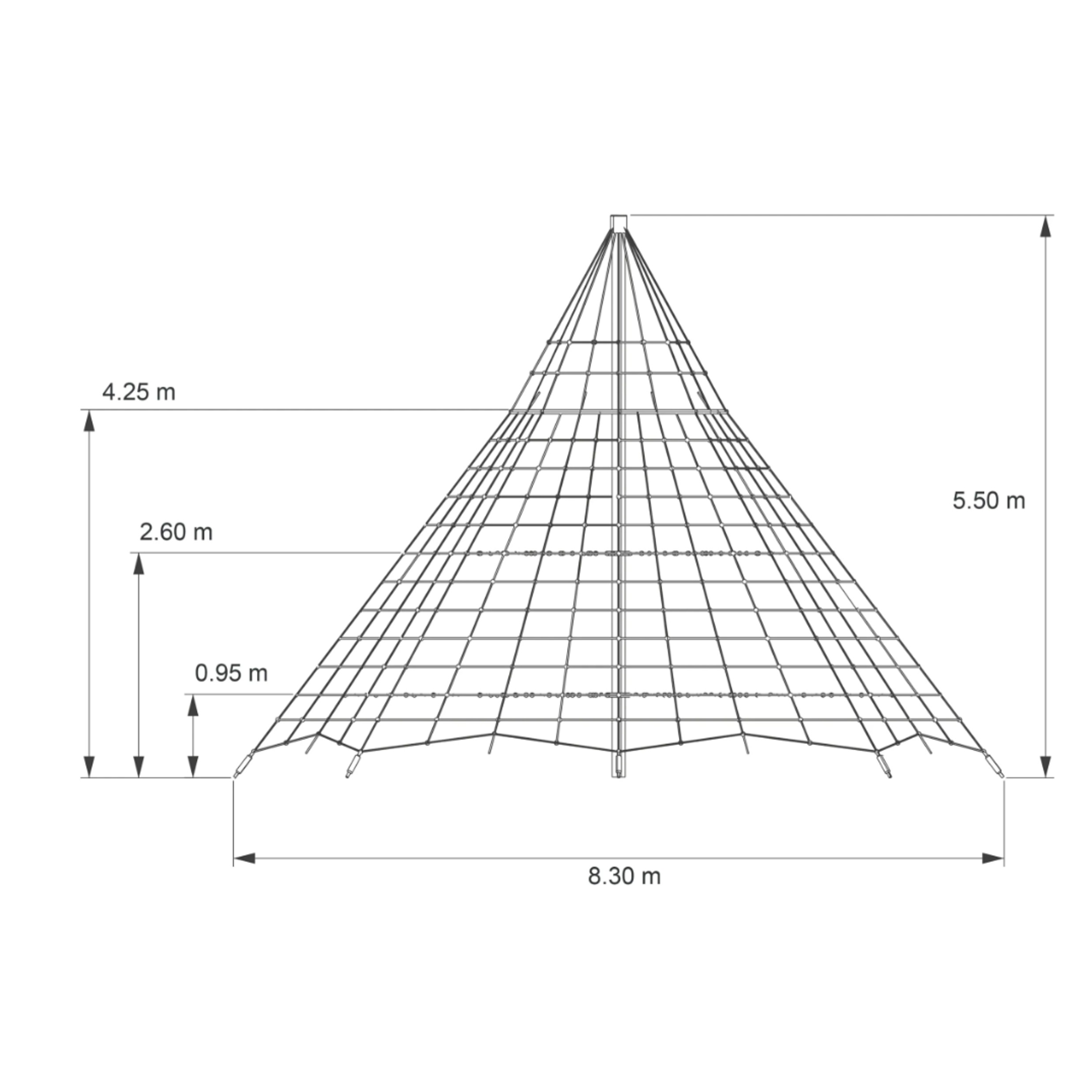 Dessin technique d'un filet à grimper conique avec mât central et dimensions : Diamètre 8,30 m, hauteur totale 5,50 m, niveaux à 0,95 m, 2,60 m et 4,25 m