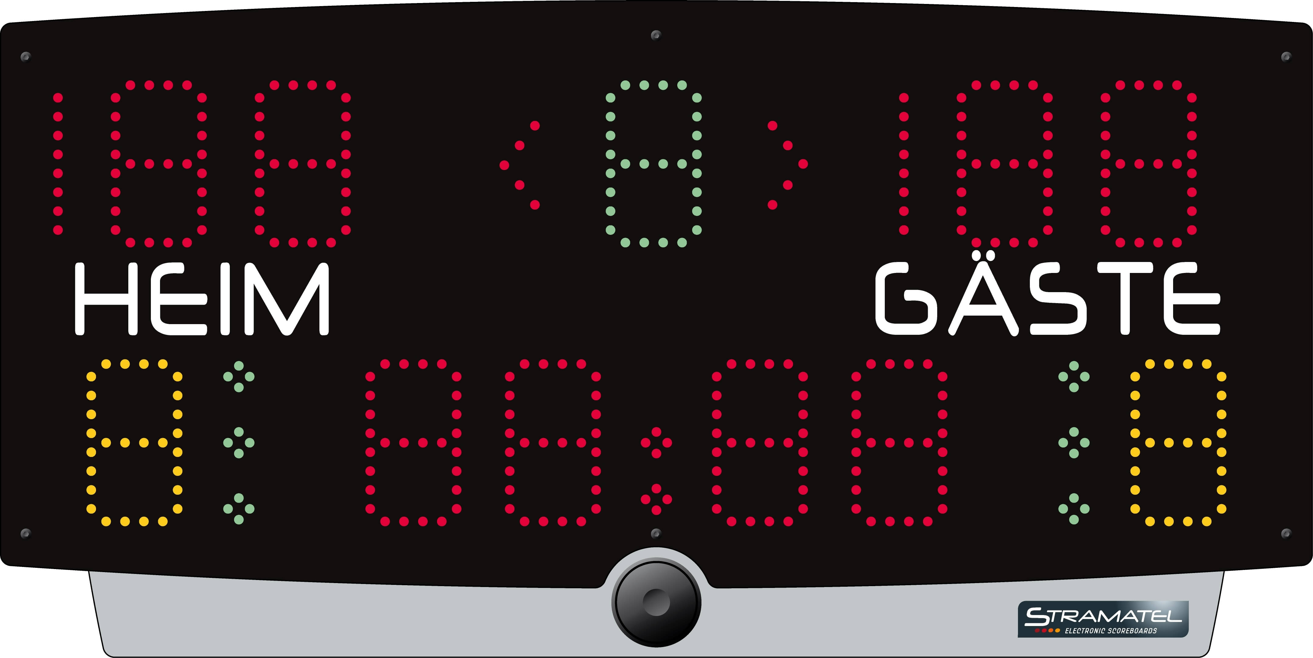 Tableau d'affichage électronique avec indication des points pour les équipes à domicile et les équipes visiteuses, ainsi que le chronométrage dans le sport.