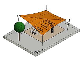 Illustration d'une voile d'ombrage orange au-dessus d'une aire de pique-nique avec table et arbre