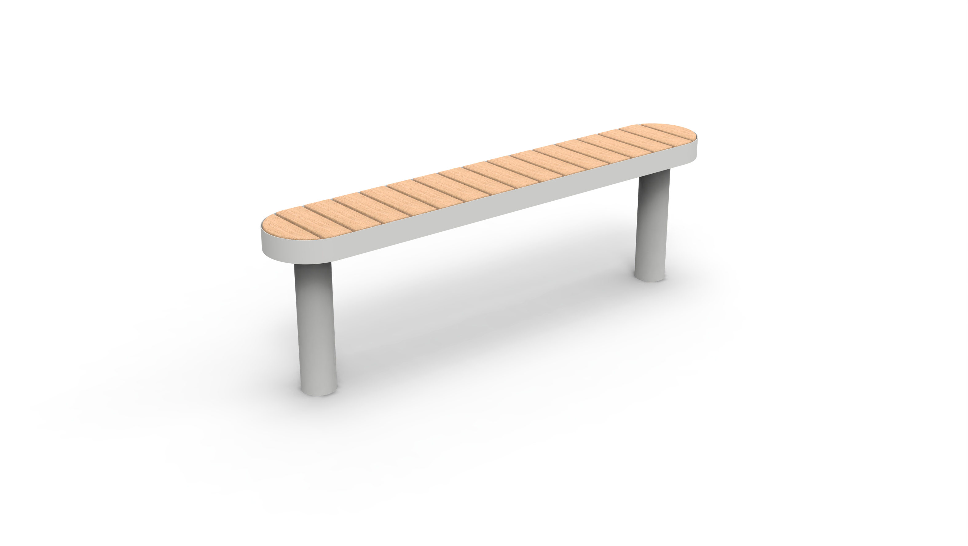 Schlichte Gartenbank mit metallenen Beinen und einer Sitzfläche aus hellem Holz