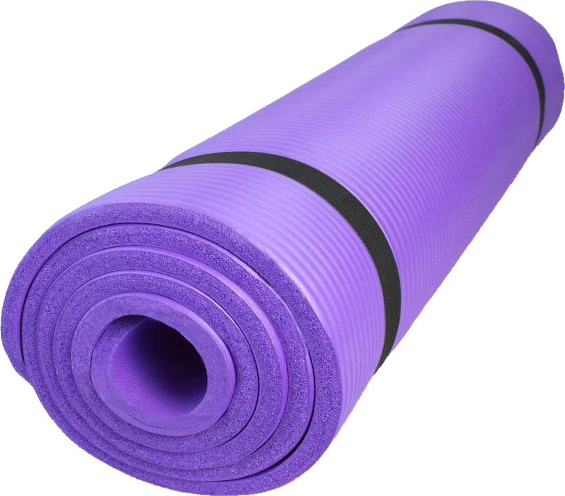 Gerollte lila Yogamatte aus Schaumstoff mit schwarzen Bändern