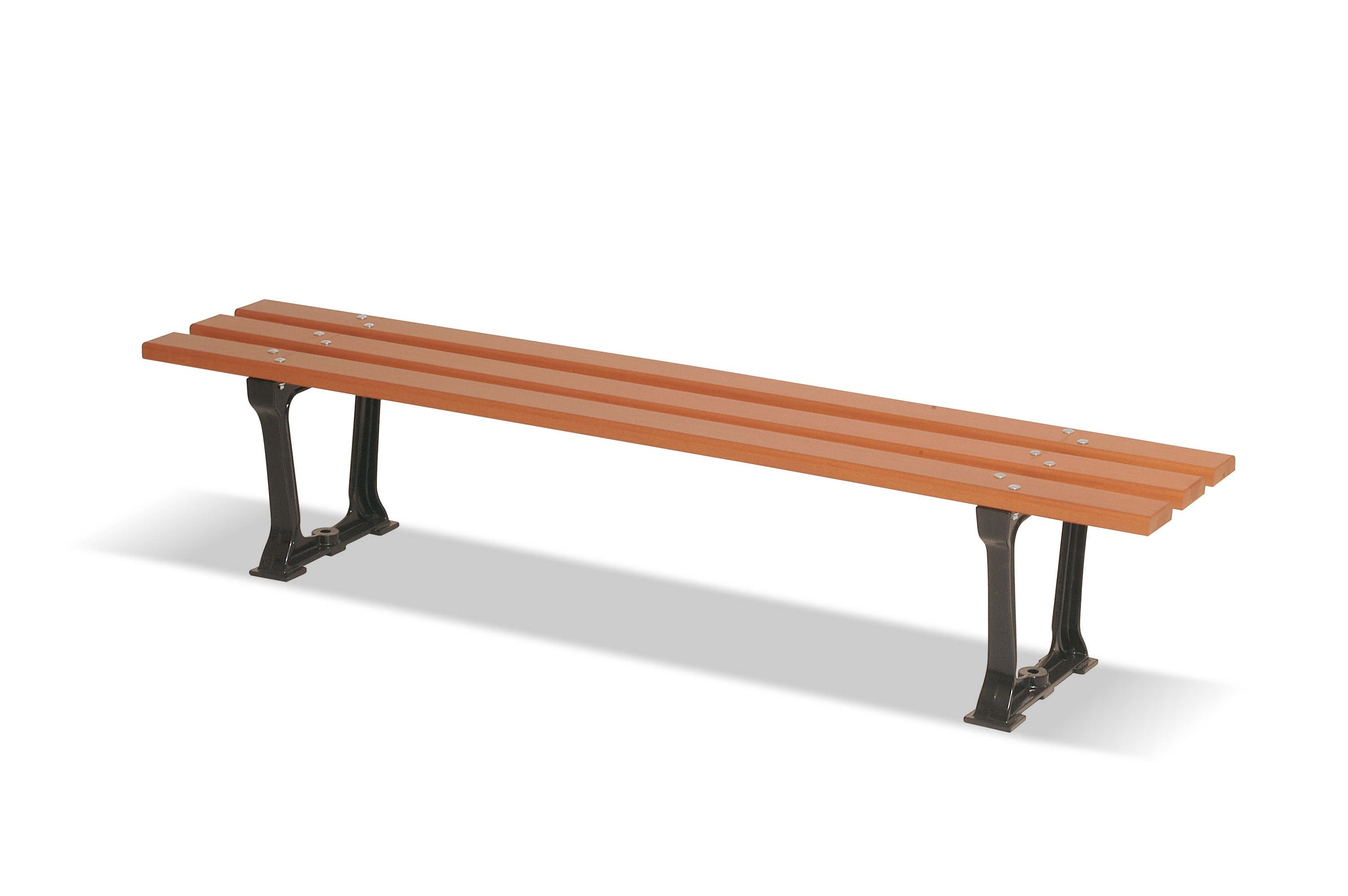 Holzbank mit drei Latten und robusten Metallfüßen, ideal für den Garten oder öffentliche Plätze