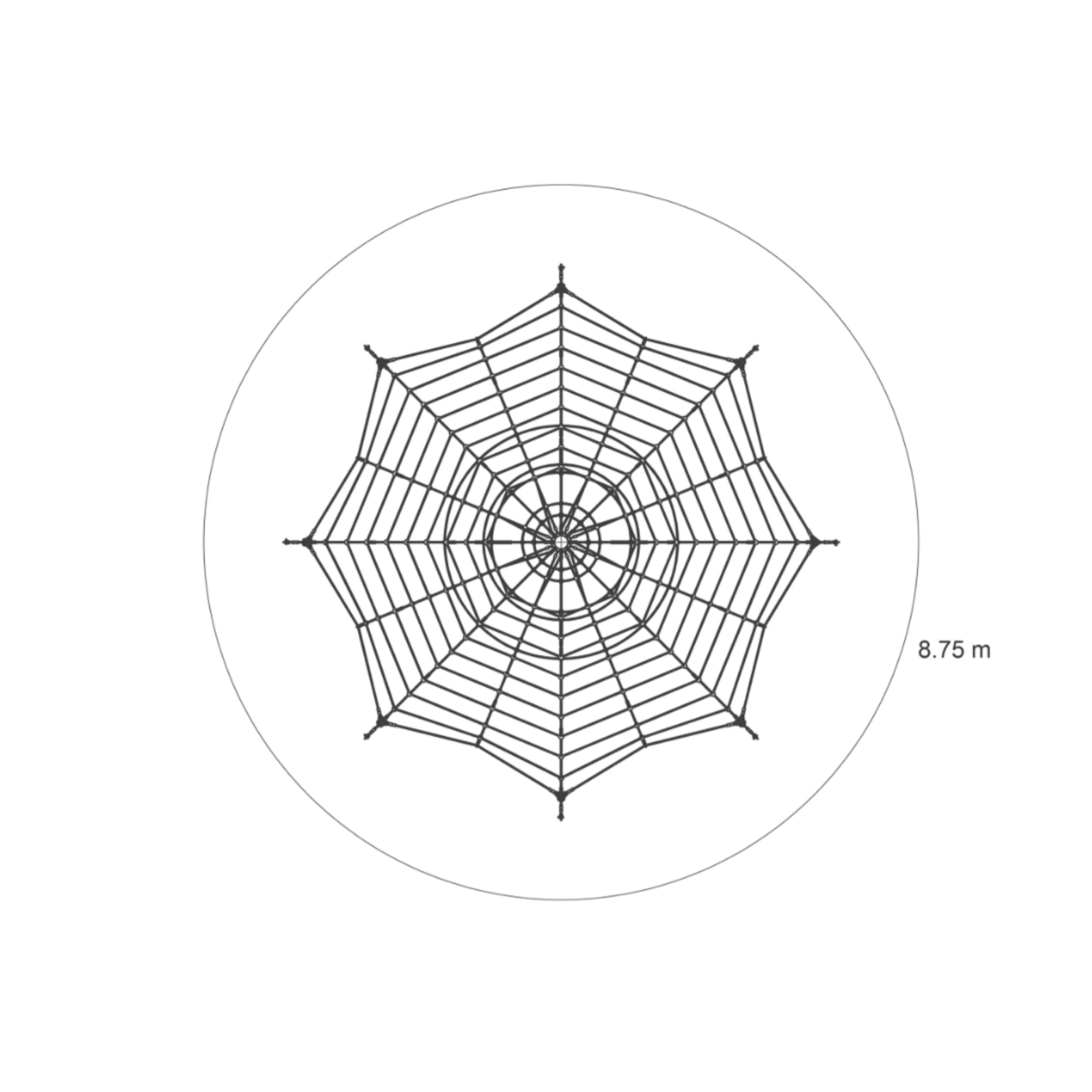 Vue en plan de la pyramide à grimper type 450-95 de Ullman avec surface de sécurité ronde, filet à grimper Hercules complexe et 8,75 m de diamètre