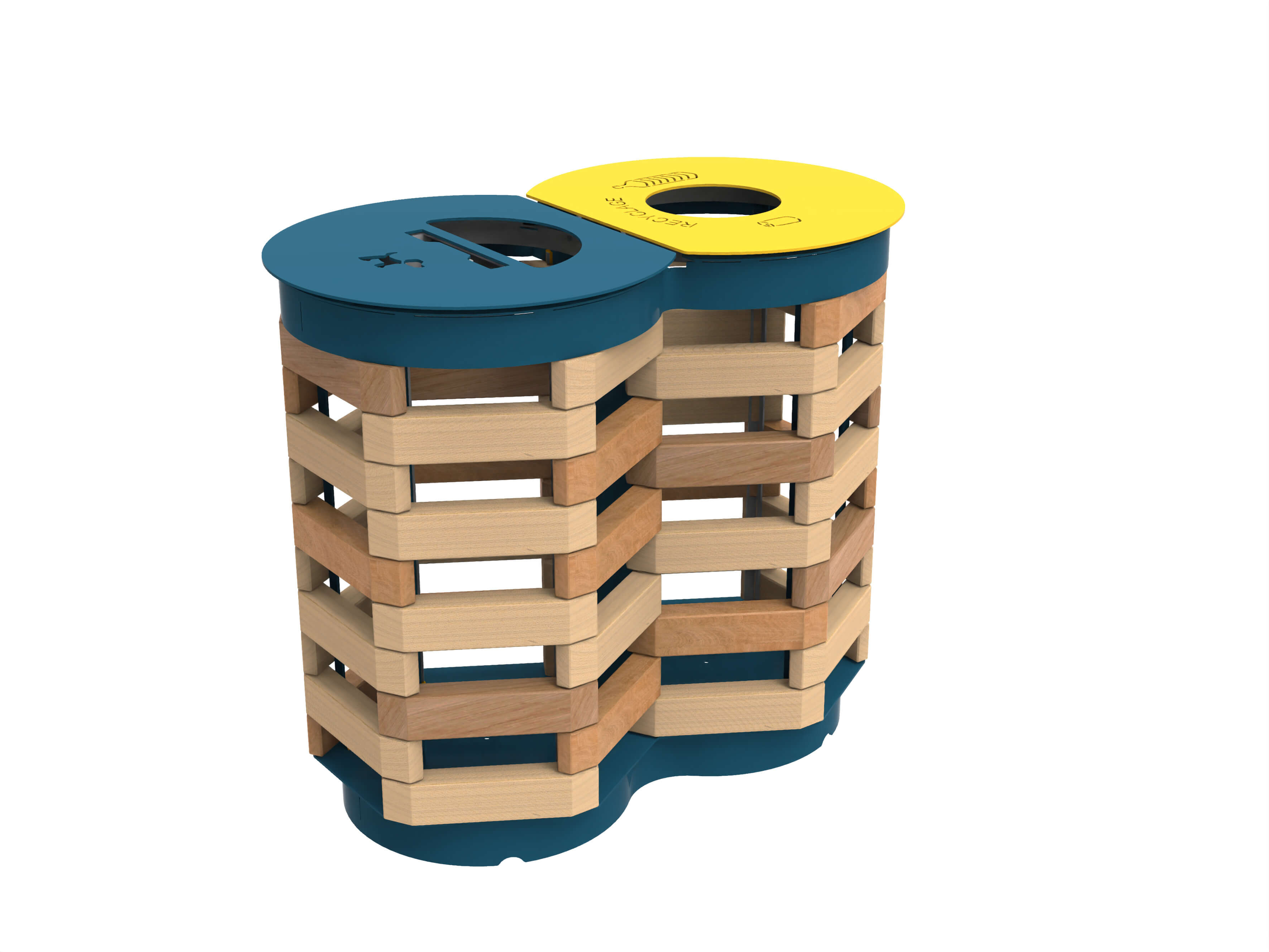 Recycling-Station mit Holzelementen und farbigen Abdeckungen in Blau und Gelb für getrennte Müllentsorgung.