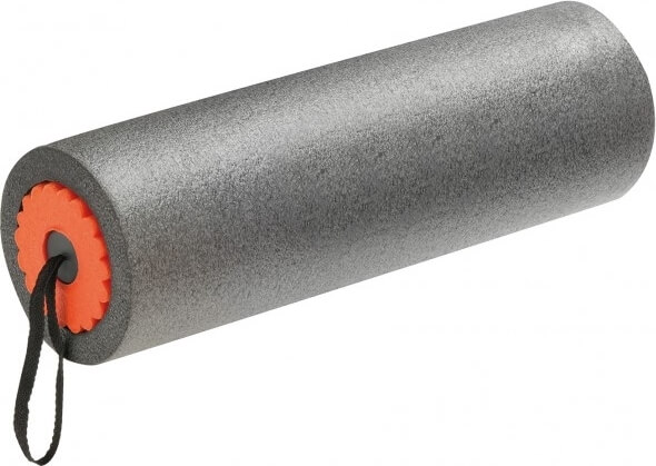 Rouleau en mousse gris avec noyau orange et dragonne pour la détente musculaire